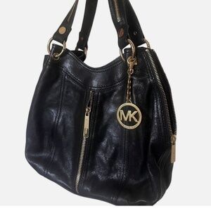 Michael Kors Moxley Black real Leather Gold Zippers Details Shoulder Bag